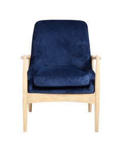 Fauteuil velours bleu foncé pieds frêne naturel